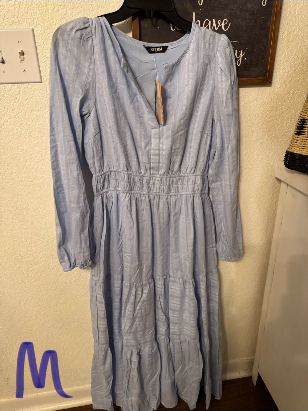 Bitfim Light Blue Long Sleeve Tiered Maxi Dress